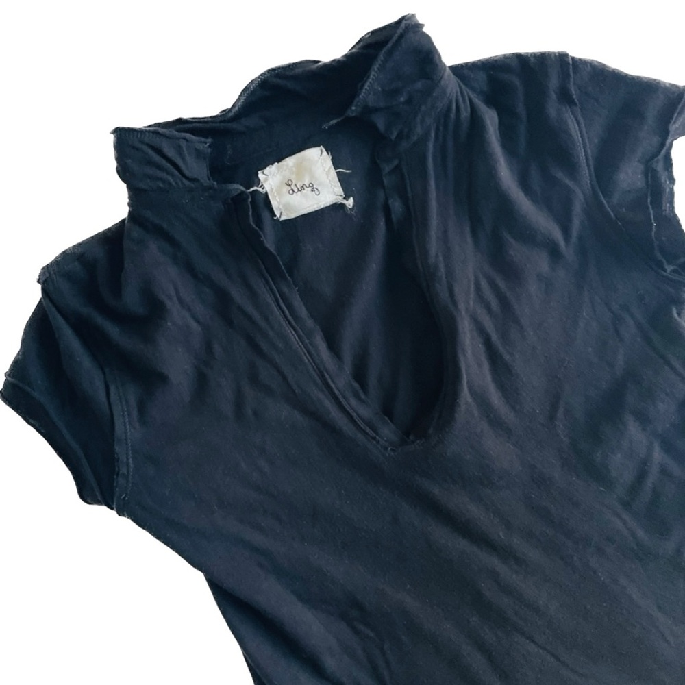 LINQ | S | Raw Hem Black Plunge V Neck Stretch Short Sleeve Polo Top NWOT